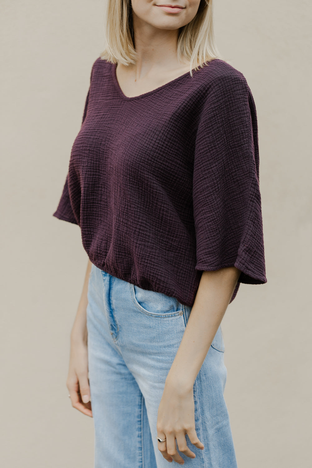 The Gauze Dolman Top in Eggplant